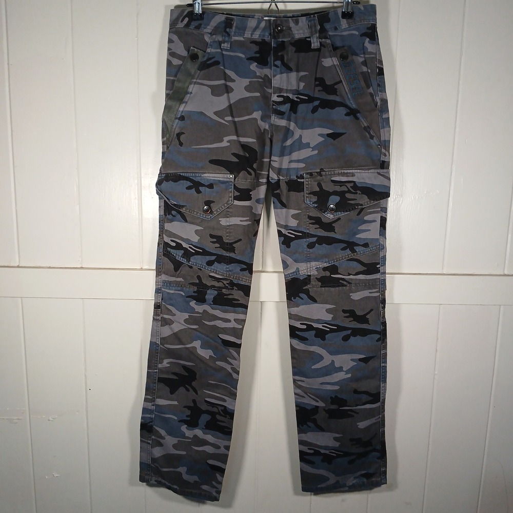 Diesel Cargo Pants Boys Size 16 (32x32) Blue Camo Utility Tactical Straight Leg